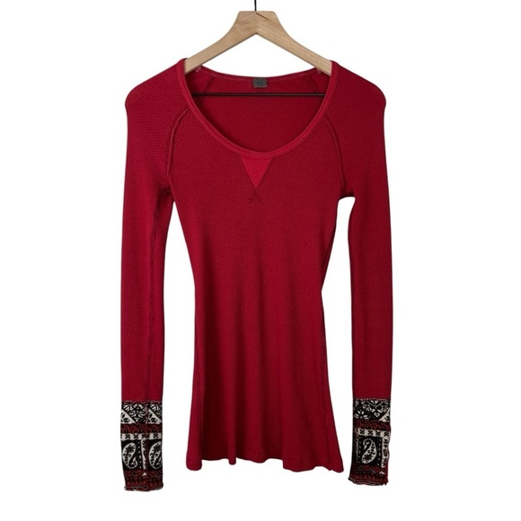We the Free People Red Long Sleeve Thermal Shirt Studded Cuffs - Picture 1 of 5